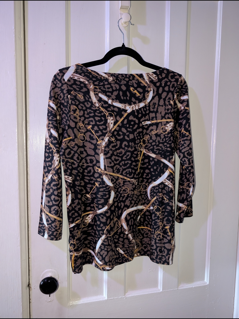 Rafaella Leopard Chain Print Top Size S Petite Stretch 3/4 Sleeve Boat Neck Chic